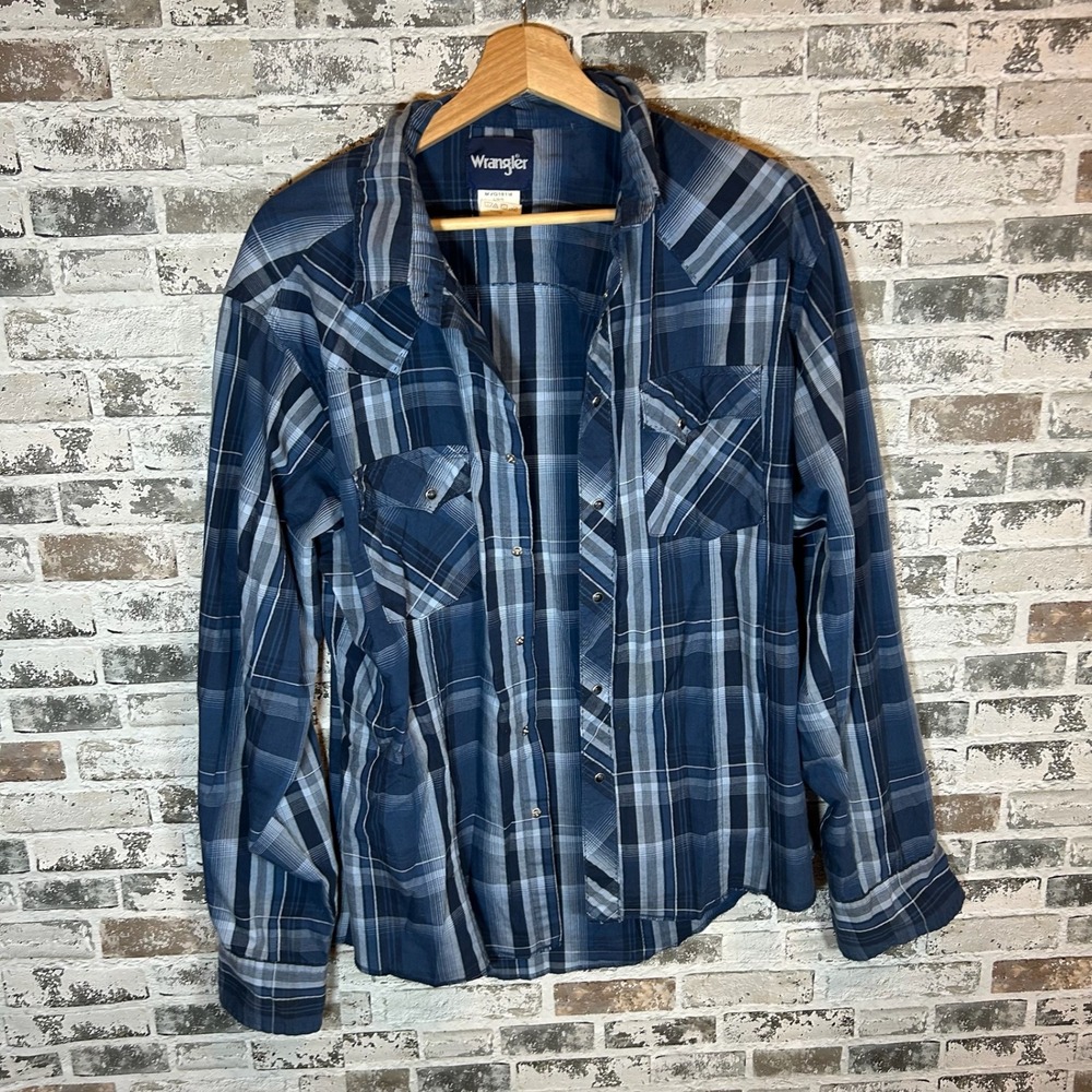 Wrangler Mens Blue Plaid Western Long Sleeve Pearl‎ Snap Shirt MVG181M Large